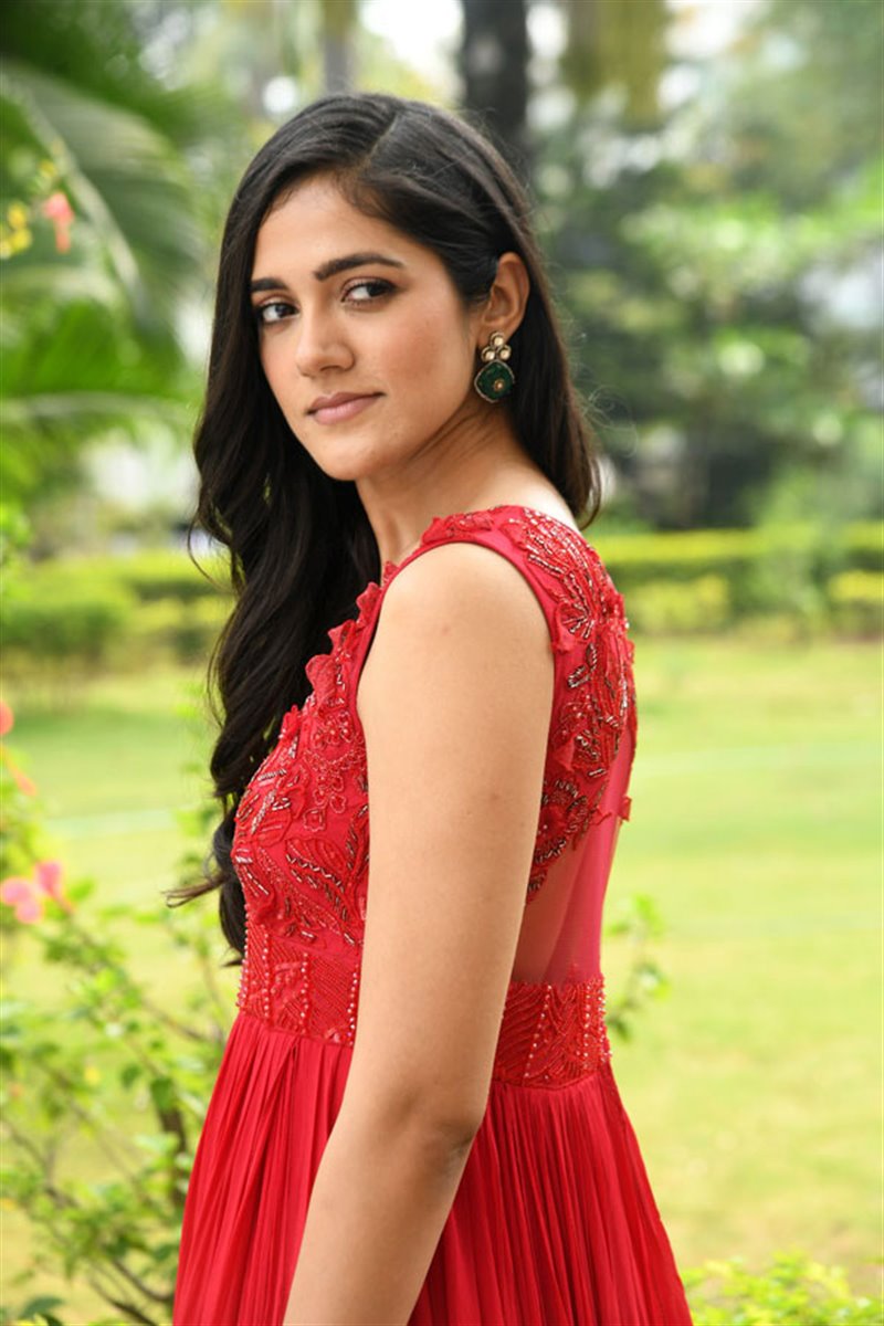 Telugu Actress Simran Choudhary in Red Dress at Atharva Movie Press Meet